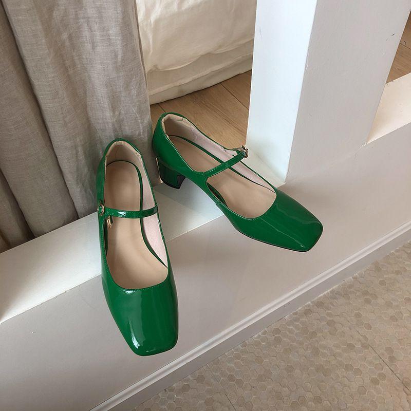 Dress Shoes French Retro Mary Jane Inside And Outside Full Leather Bag With Square Toe Mid-heel Fashion Women's