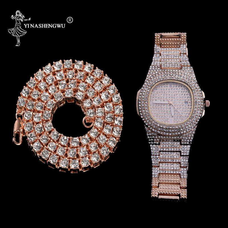 Wristwatches Mens Watches Hip Hop Punk Bling 1 Row Rhinestone Tennis Chain & Watch Set Silver Gold Rose Color Necklace For Men Women, Silver set
Wristwatches Mens Watches Hip Hop Punk Bling 1 Row Rhinestone Tennis Chain & Watch Set Silver Gold Rose Color Necklace For Men Women, Silver set