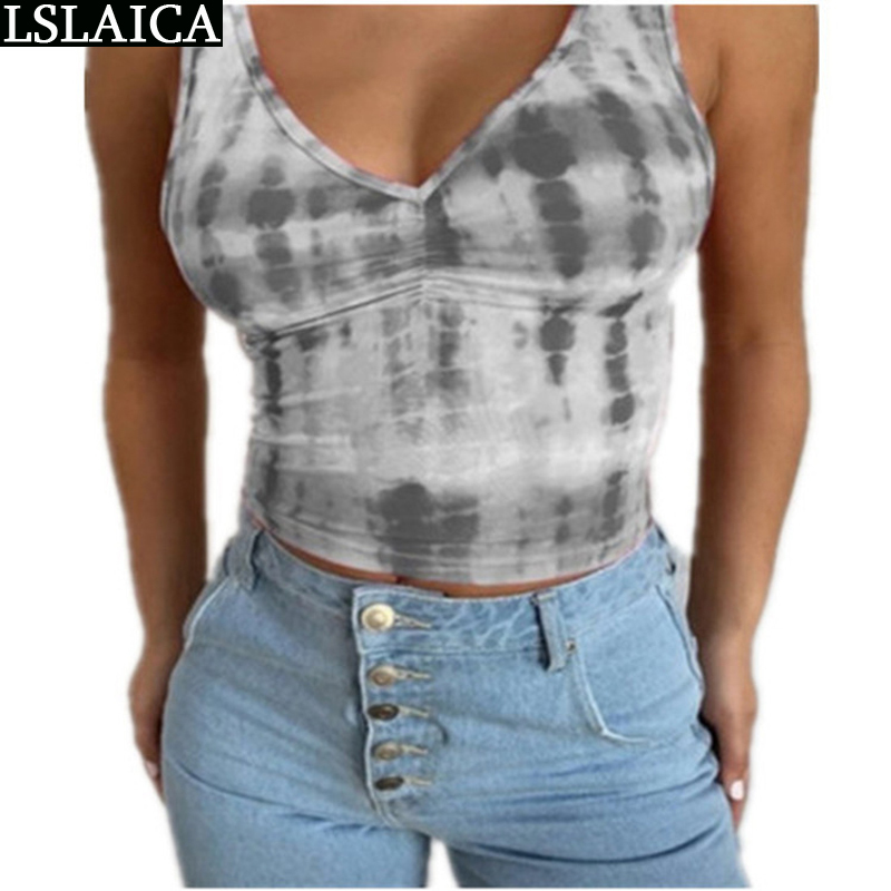 Women Tank Top Tie-Dye Sleeveless Plus Size V-Neck Sexy Casual Shirt Elegant Fashion Bottoming Wild Ropa Mujer 210515