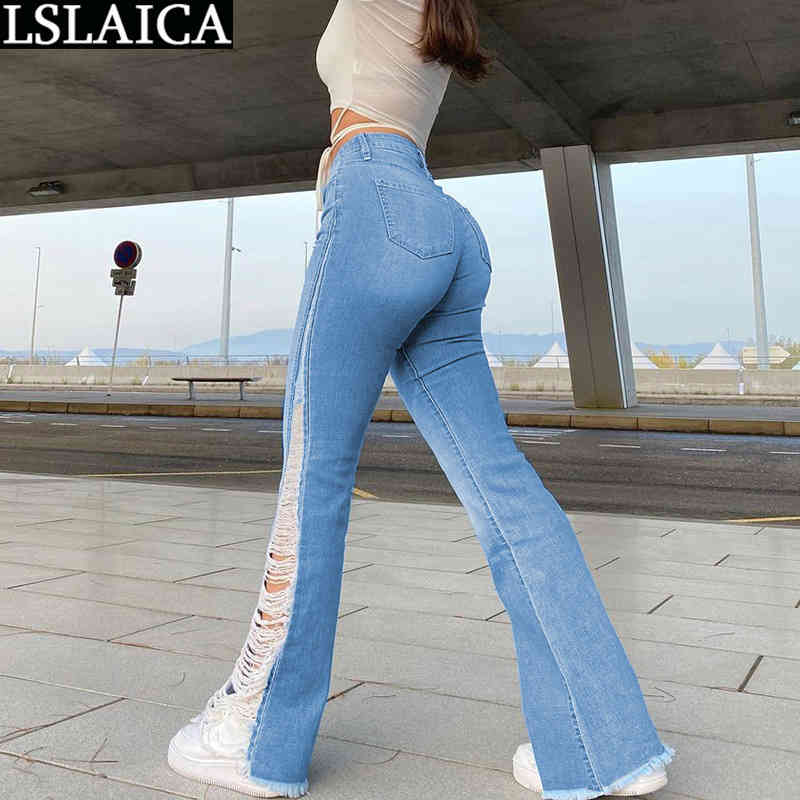 Jeans Woman Fashion Casual Placket with Zipper Trendy Women's Personality Denim Hole Stitching Color Matching Flared Trousers 210520