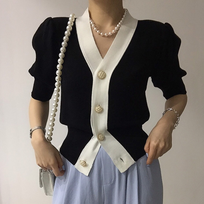 Women Sweater Summer Korean Chic Girl Elegant Temperament V-Neck Single-Breasted Casual Puff Sleeve Knit Cardigans