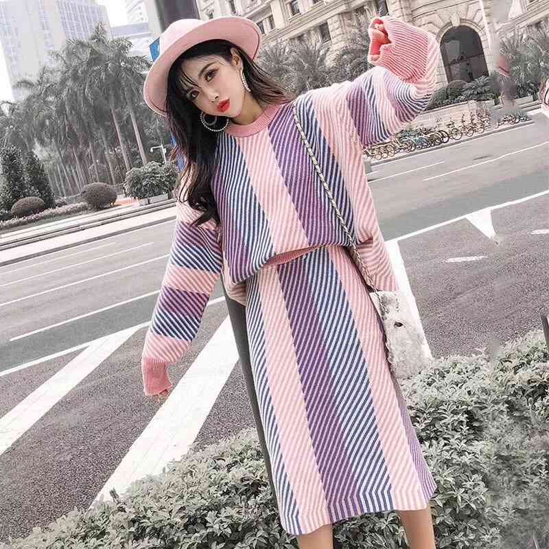 HIGH QUALITY Women Set Spring Knit Sweater Pullovers+ Skirt Set 2 Pieces Causal Suits Ladies Irregular Striped Knitted Suit 201012