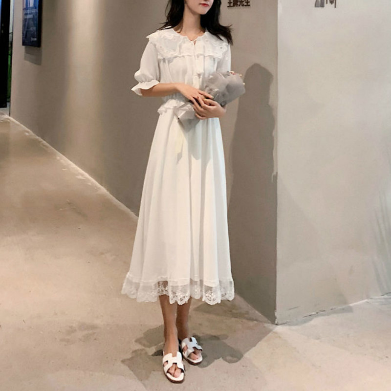 French Fairy White Dress Women Elegant Vintage Long Sleeve Party Dress Peter Pan Collar Bow Dress Korean Autumn 210521