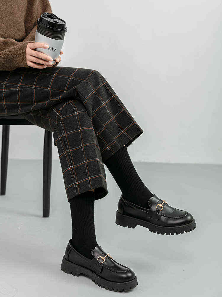 Seoulish Autumn Winter Woolen Plaid Women Formal Straight Pants High Waist Ankle-Length Chic Loose Ladies Pocket 211115
