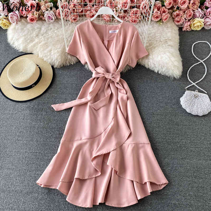 Summer Woman Dress Elegant Temperament Vestidos V-neck Slim Waist Robe Irregular Lace Up Ruffles Dresses Female 210422