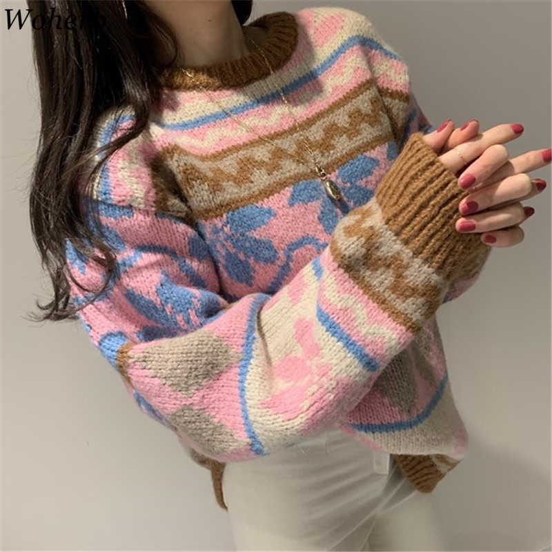 Knitted Pullovers Oversized Outwear Fall Woman Clothes Vintage Sweet Argyle Jumper Korean Fashion Female Sweaters 210422