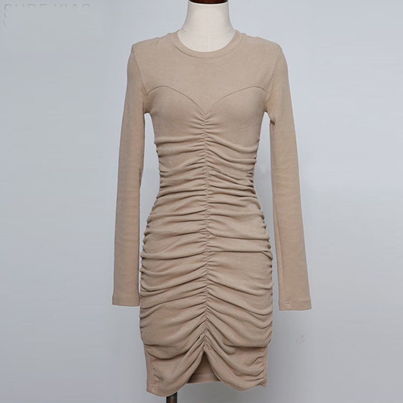 Spring Sexy Bottoming Short Dresses Fashion O-neck Women Korean Style Long Sleeve Pleated with Velvet 12703 210427