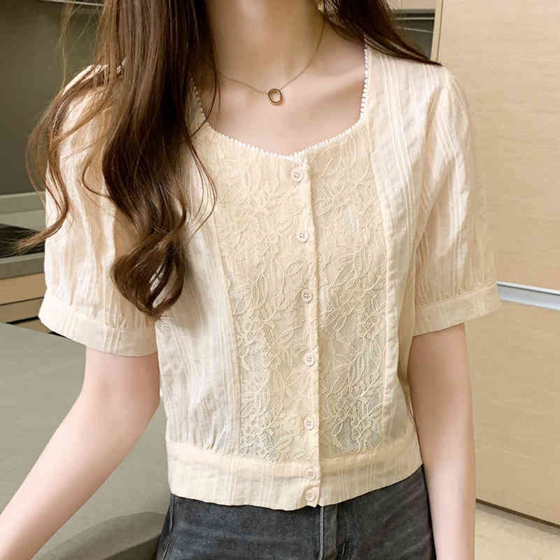 White Tops Vintage Summer Square Collar Cotton Lace Women Blouse Office Lady Solid Cardigan Shirts for 9777 210506