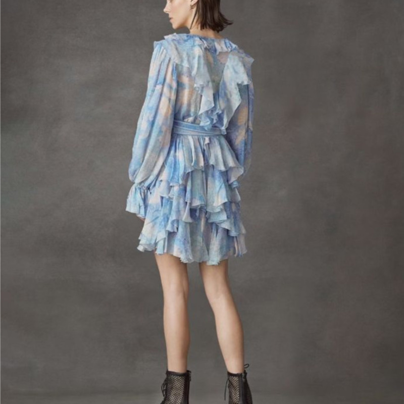 [DEAT] V-neck Collar Lantern Long Sleeve Double Belt High Waist Print Mall Goth Y2k Clothes Spring Dress Women GX187 210428