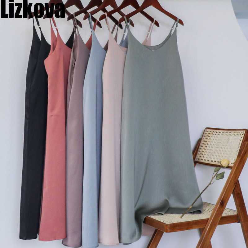 Lizkova Summer Satin Dress Women V-neck Sleeveless Vestidos Green Spaghetti Strap Robe Strap Adjust 210630