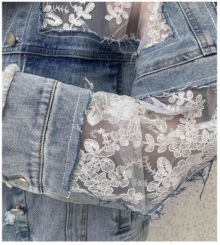 Fashion Women Hole Denim Jackets Coat Spring Summer Jean Patchwork Lace Embroidery Thin Loose 210519