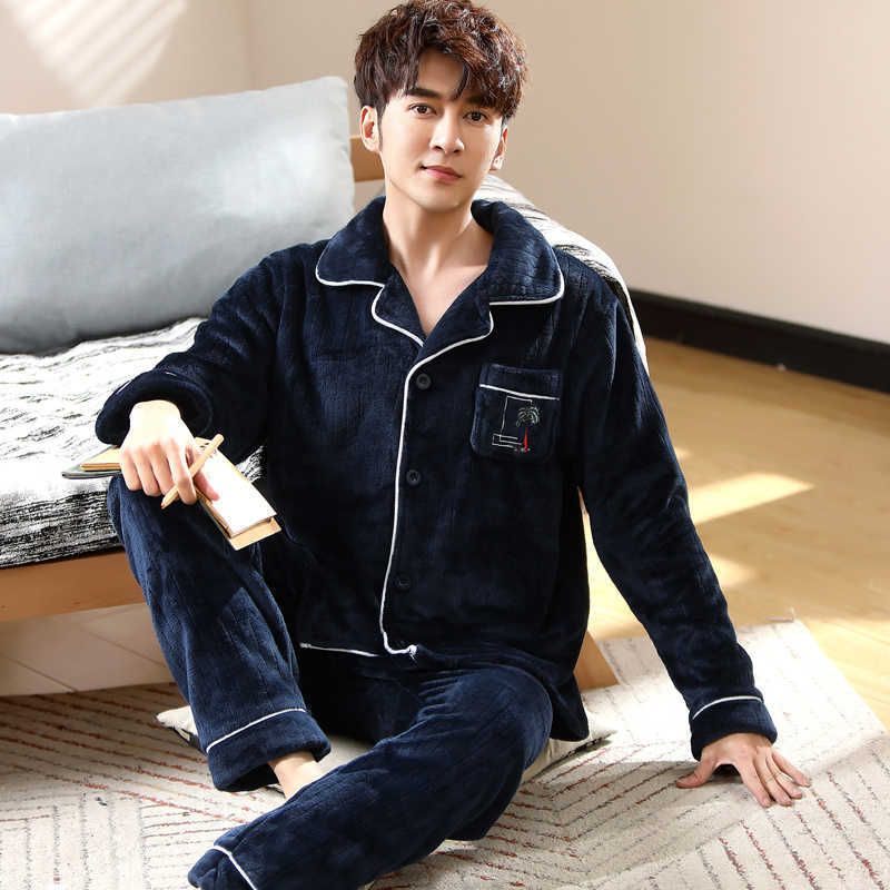 Winter Thick Men Coral fleece Pajamas set Flannel Warm Soft pijama hombre Sleepwear Pijama Homme Nightwear Pyjamas MSJ012 211014