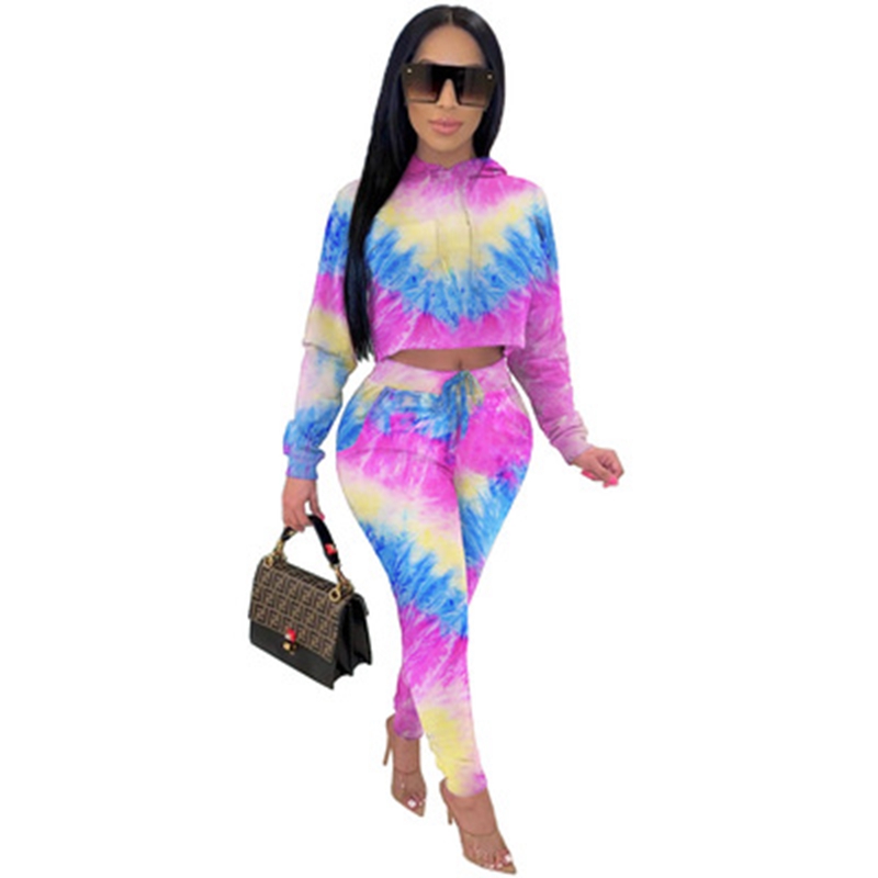 Two Piece Pants autumn and winter women's fashion tie-dye drop shoulder long-sleeved hooded casual suit