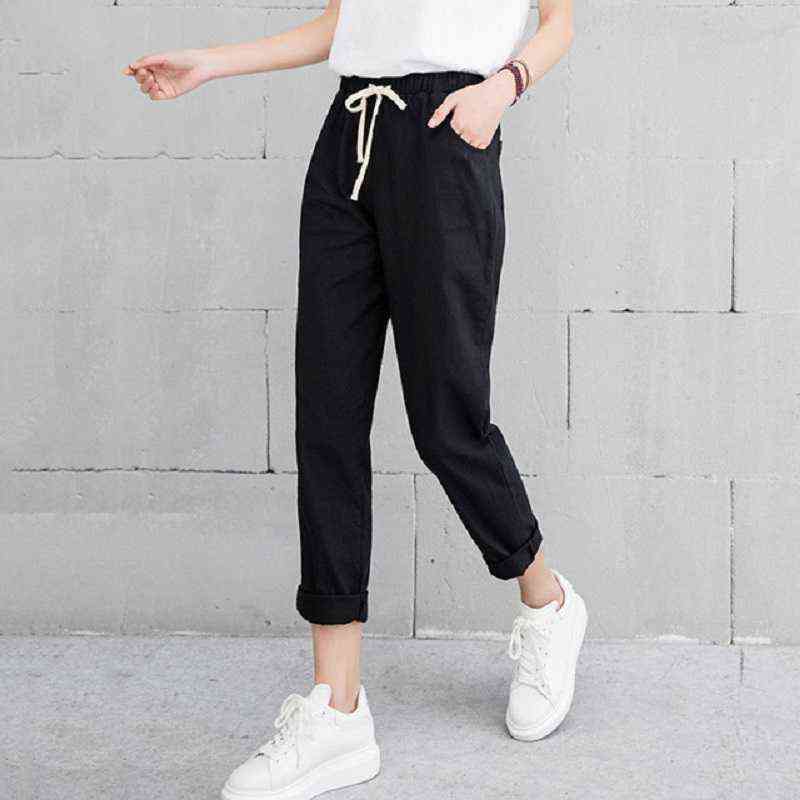 Women Casual Harajuku Long Ankle Length Trousers Summer Autumn Large Solid Elastic Waist Cotton Linen Pants Black 211115