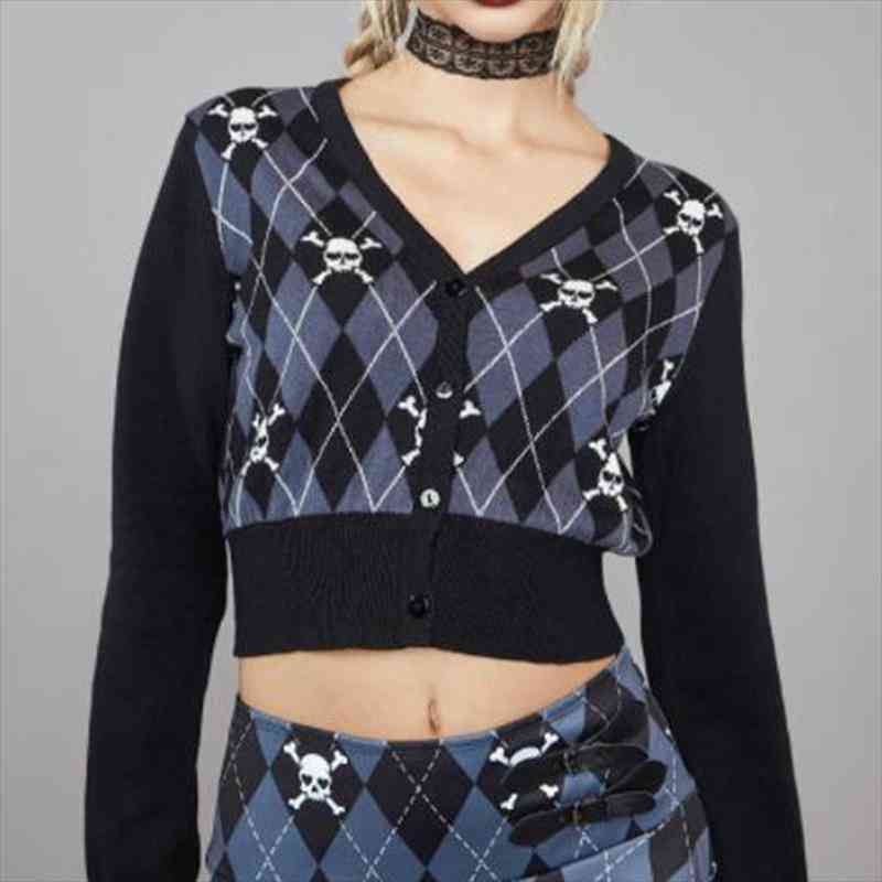 Punk Style Skulls Print Knitwear E-girl Mall Goth Knitted Sweater Autumn V Neck Long Sleeve Crop Cardigan Women Vintage Clothes, White;black
Punk Style Skulls Print Knitwear E-girl Mall Goth Knitted Sweater Autumn V Neck Long Sleeve Crop Cardigan Women Vintage Clothes, White;black