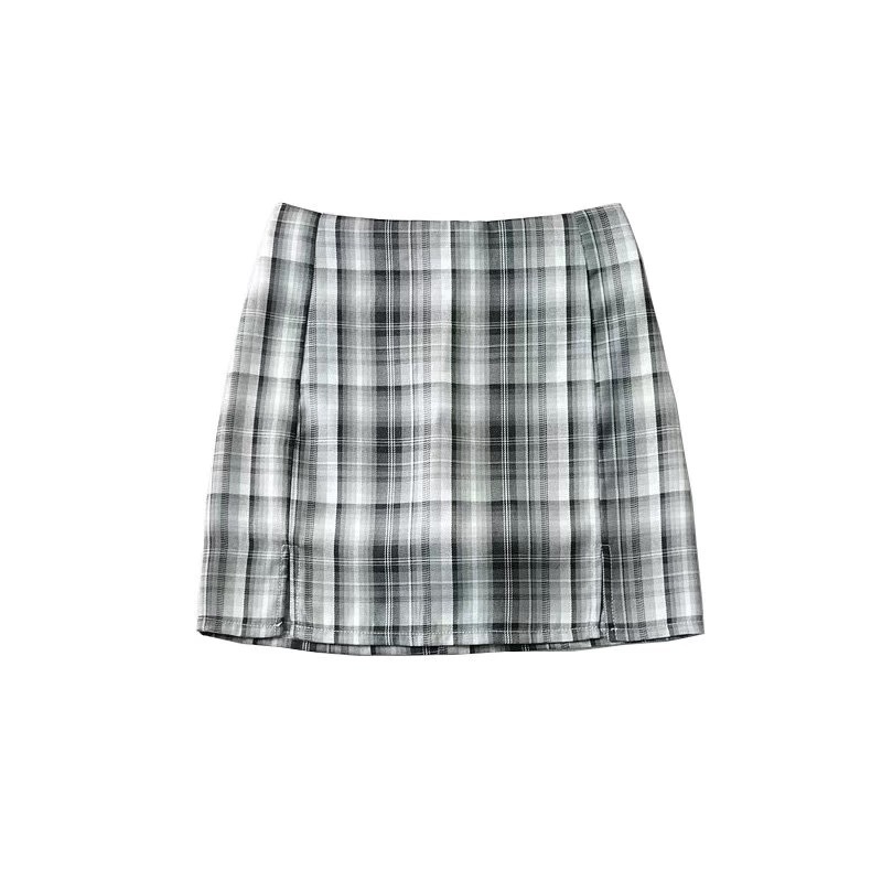 Summer Women Front Split Plaid Mini Skirt with Under Shorts Vintage Double Slit Package Hips Gingham Short Skirts 210429