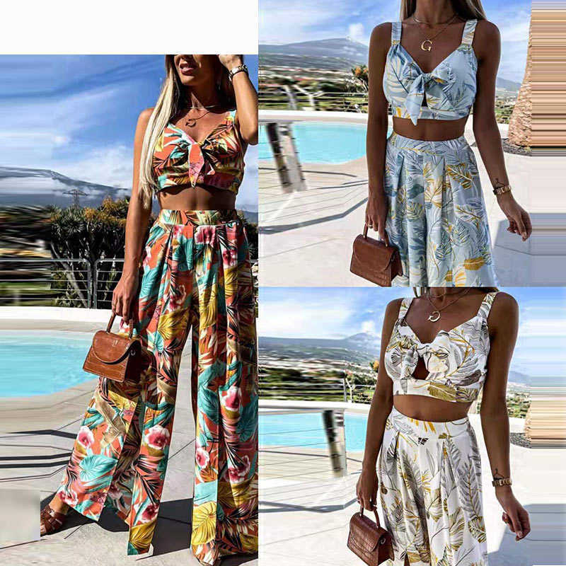 Print Boho Pant Suits Summer Women 2 Piece Sets Spaghetti Strap Crop Tops Split Wide Leg Pants 2021 Sexy Beach Vacation Outfits Y0625