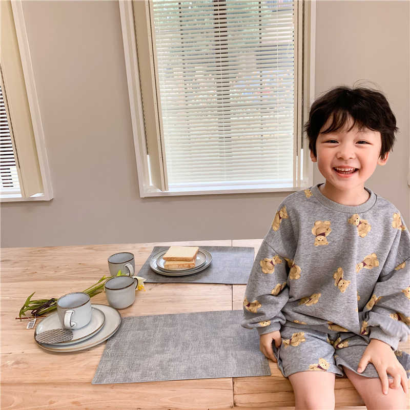 Korean style boys and girls cute cartoon clothes set fashion cotton long sleeve top pant unisex kids loose 2pcs suit 210615