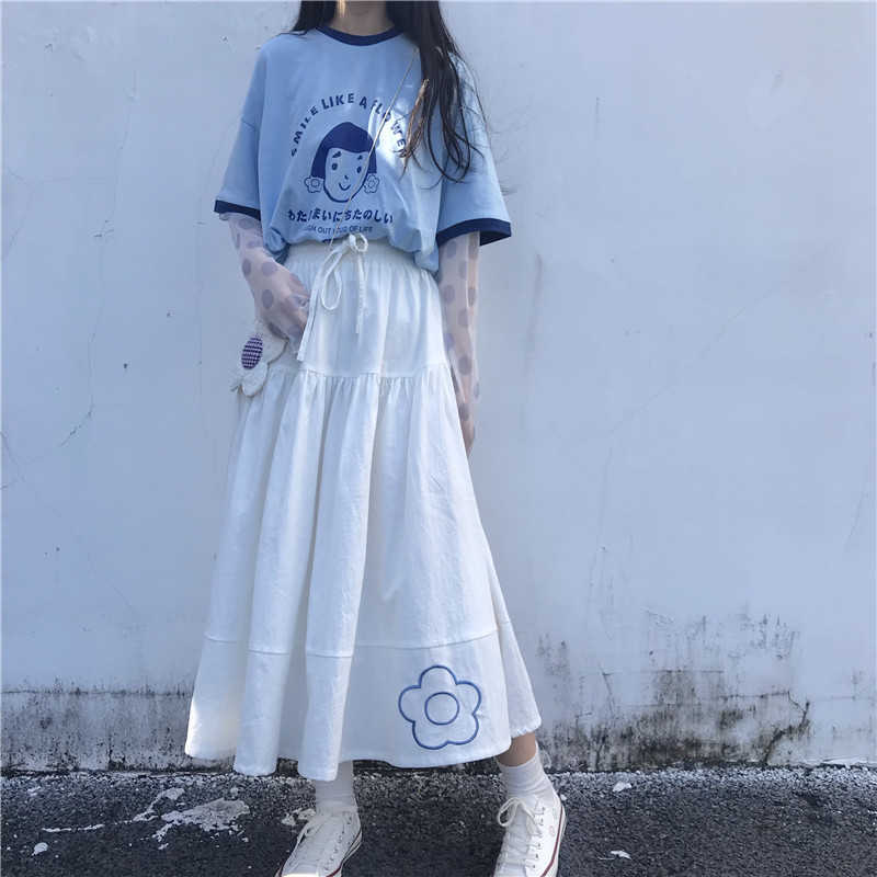 Women Spring Sweet Flower Embroidery Skirts Causal Lace Up High Waist Skirt A-line Mid-calf Faldas Mujer 6F454 210603