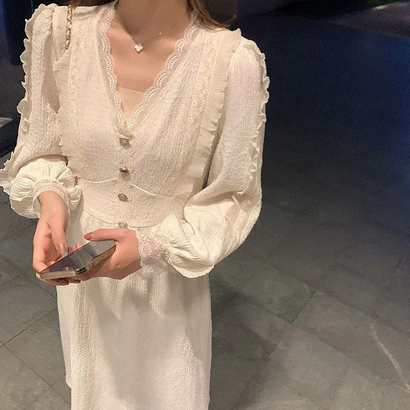 Summer Lace Black Dress Women Long Sleeve Button V-neck Office Lady Vintage Midi Dress Female Gothic Dress Korean 210521