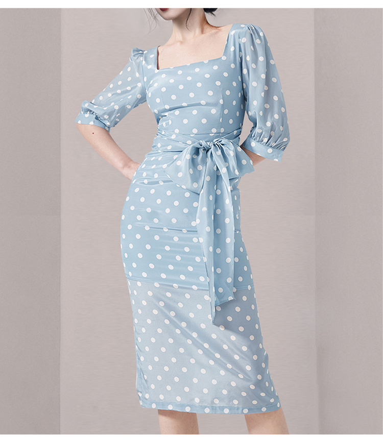 Temperament Elegant Square Collar Puff Sleeve Ploka Dot Office OL Slim Pencil Dress Bodycon Lace Up Party Dress Vestidos 210518