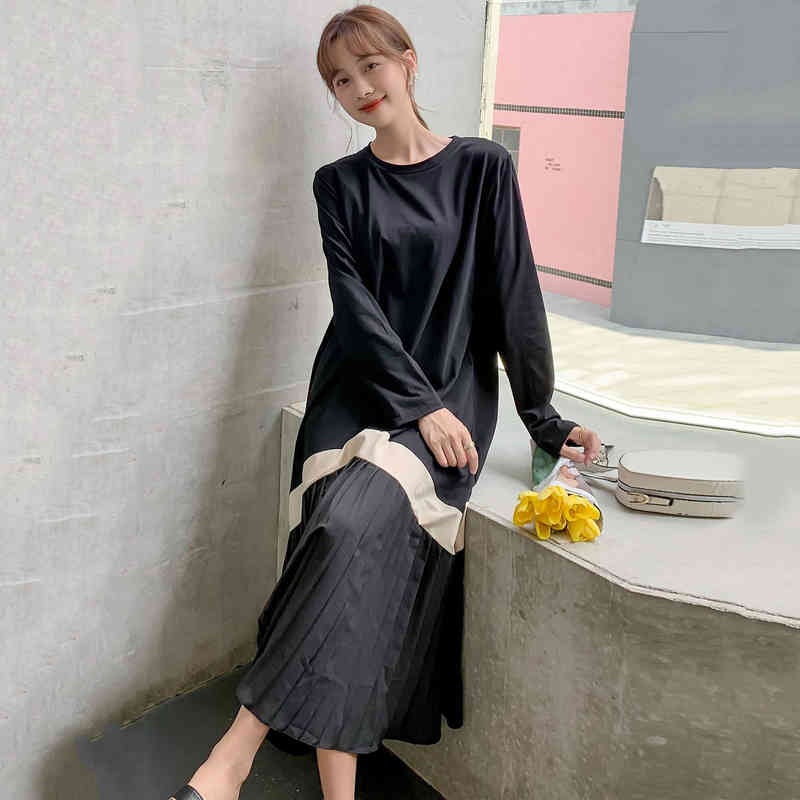 Spring Line Pattern Pleated Round-neck Short Sleeve Korean Style Casual Mid-calf Length Dress For Women 2A3009 210526