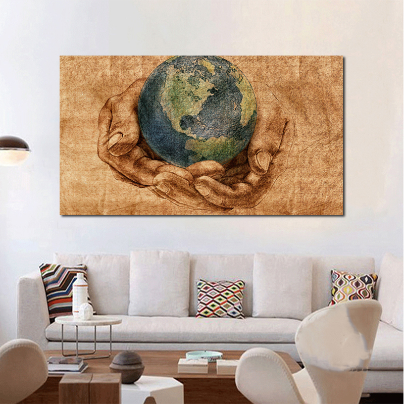 Earth on Hands Vintage Decorative Paintings Retro Posters Wall Art Pictures For Living Room Canvas Prints Home Decor