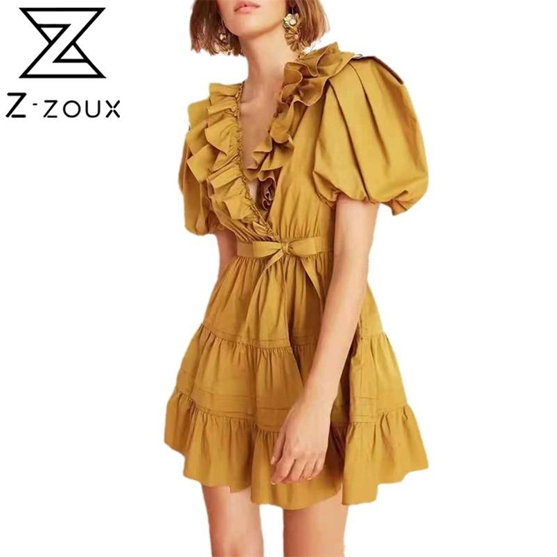 Woman Dress V-neck Puff Sleeve Bandage Beach Dresses Women Vintage Sexy Short Summer Fashion 210513