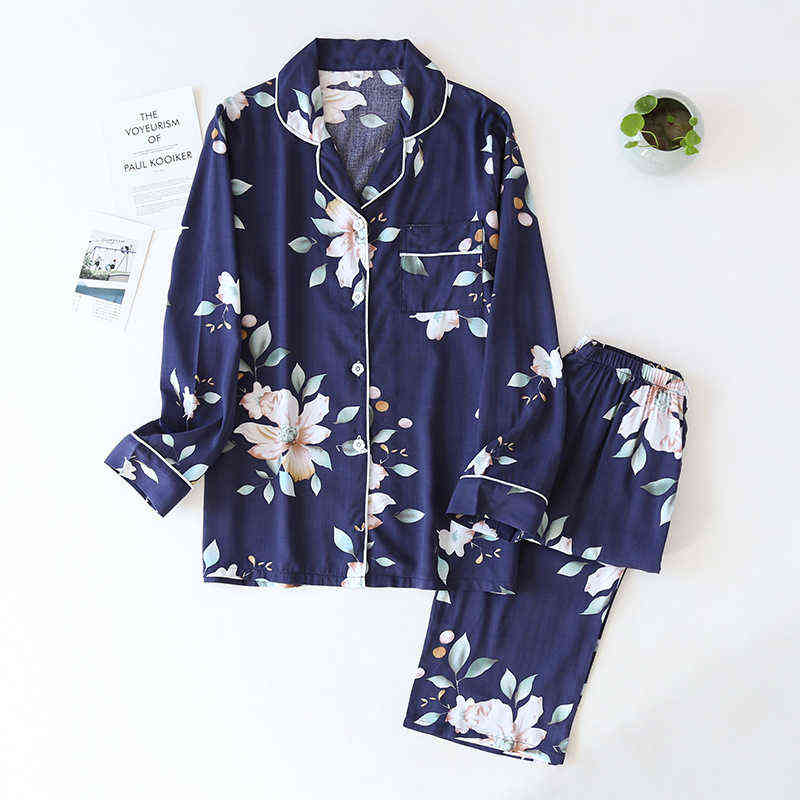 spring and autumn long-sleeved trousers ladies pajamas set viscose cardigan butterfly flower simple thin home service summer 211118