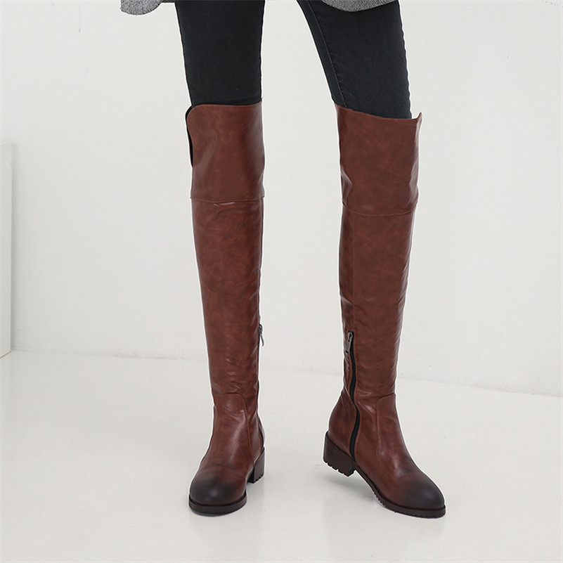 Women Riding Boots Shoes Zip Mid Heel Over The Knee Round Toe Thick Heels Ladies Long Winter Black Brown 210517