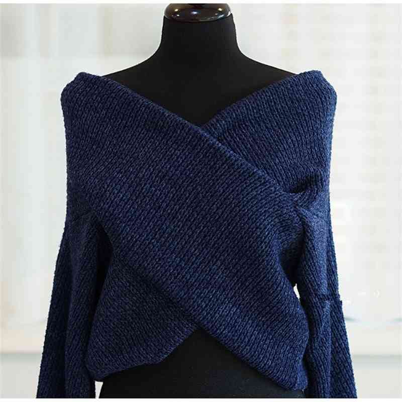 Long Sleeve Sexy Knit Sweater For Women Autumn Winter Pullover Tops Korean Cross V-neck Off Shoulder Ladies Thick Sweaters 210518
