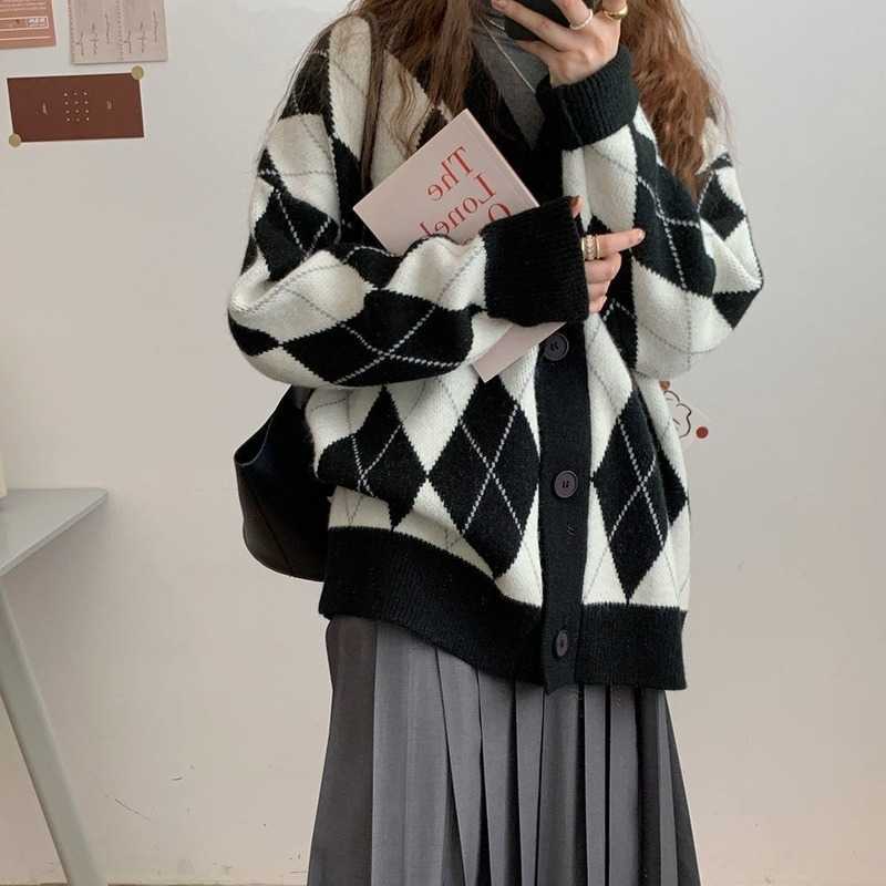 Korean Oversize Cardigan Tops Women Knitted Sweater Argyle Cardigan Loose Single Breasted Students V-neck Lovely Knitwear 17068 211014
