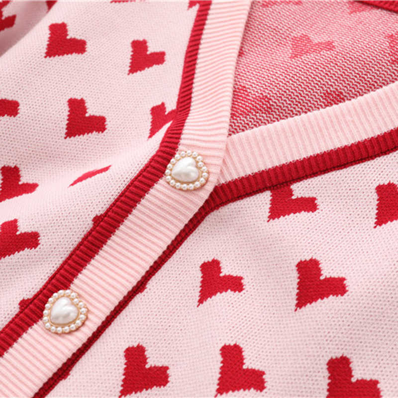 Preppy Style Pink Heart Knit Cardigans Intarsia Sweater Women V Neck Loose Elegaht Thicken Pull Femme Casual Coat C-099 210812