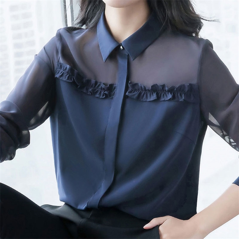 Spring Women Shirt Plus Size long sleeve Chiffon Patchwork Hollow Out OL Shirts Office Lady Blouses Female Casual Tops D82 210512