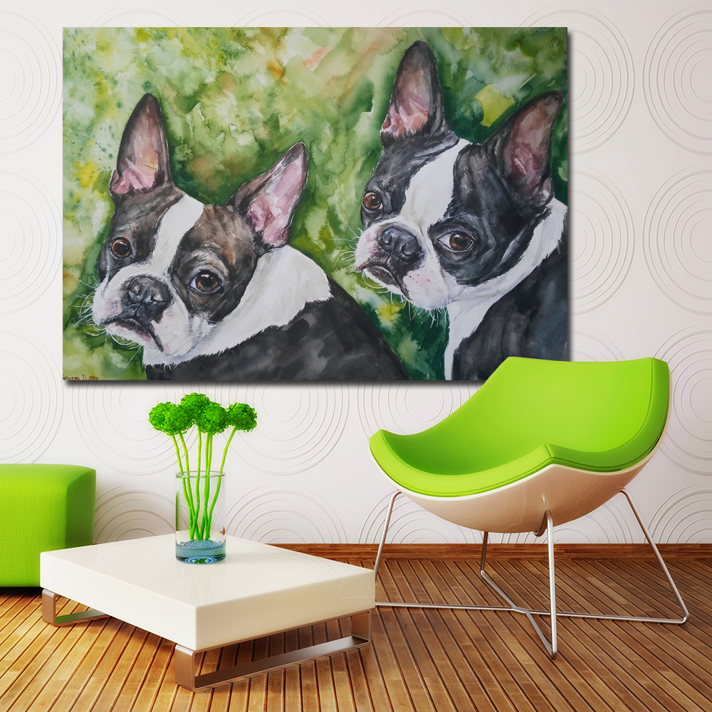 Boston Cute Sweet Dog Painting Wall Art Print Canvas Painting For Kids Room Decor Animal Picture Unframed
