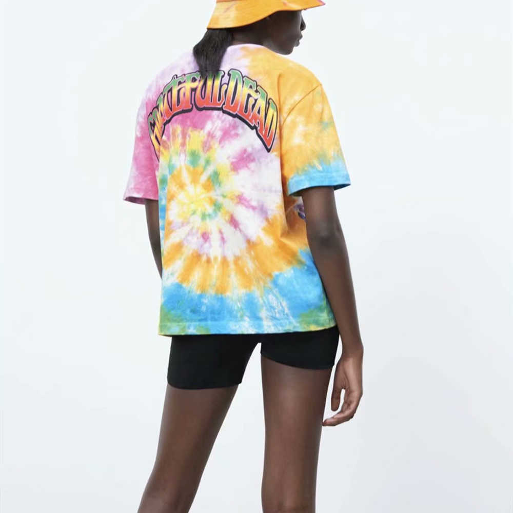 Spring Summer Cartoon Flower Print Tie Dye Short Sleeve T-shirt Women's Trend Tees Loose Casual Korean Women Tops QWZ6 210603