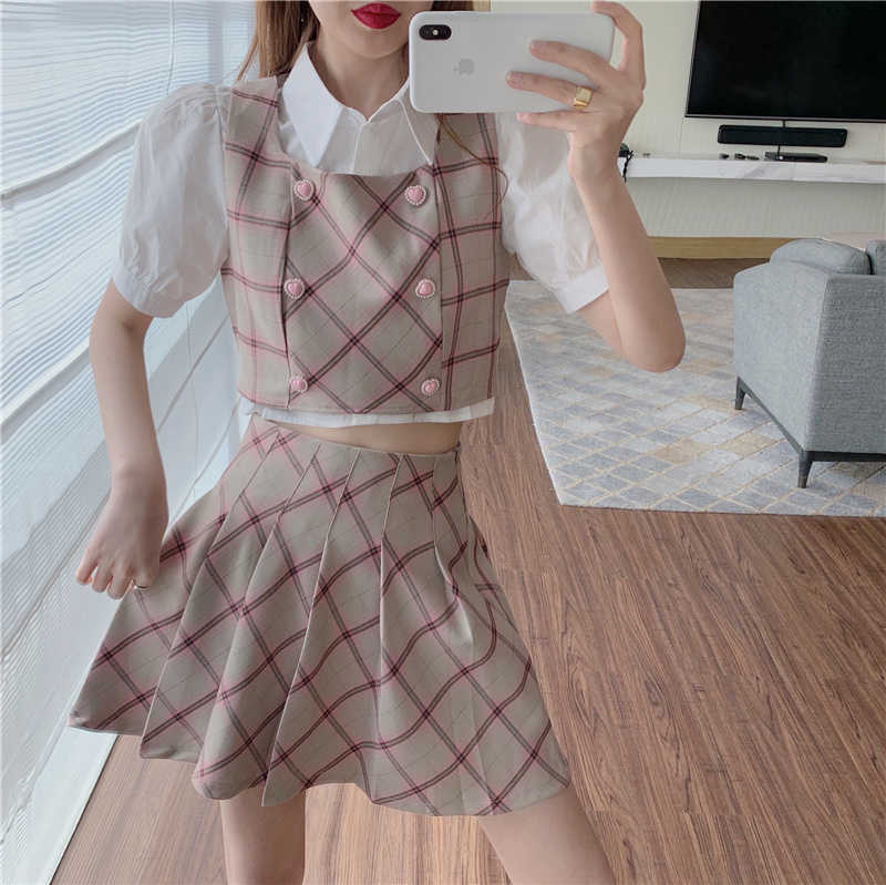 Summer 3 Piece Set Women Sweet White Puff Sleeve Short Shirt + Plaid Double Breasted Vest High Waist Pleated Mini Skirts 210526, 2 piece set
Summer 3 Piece Set Women Sweet White Puff Sleeve Short Shirt + Plaid Double Breasted Vest High Waist Pleated Mini Skirts 210526, 2 piece set