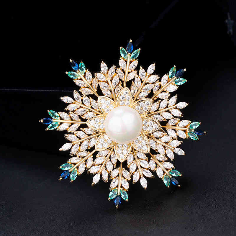 Simple Atmosphere Snowflake Pearl Brooch Female Korean Personality Jewelry Coat Sweater Chain Temperament Pin Scarf Buckle