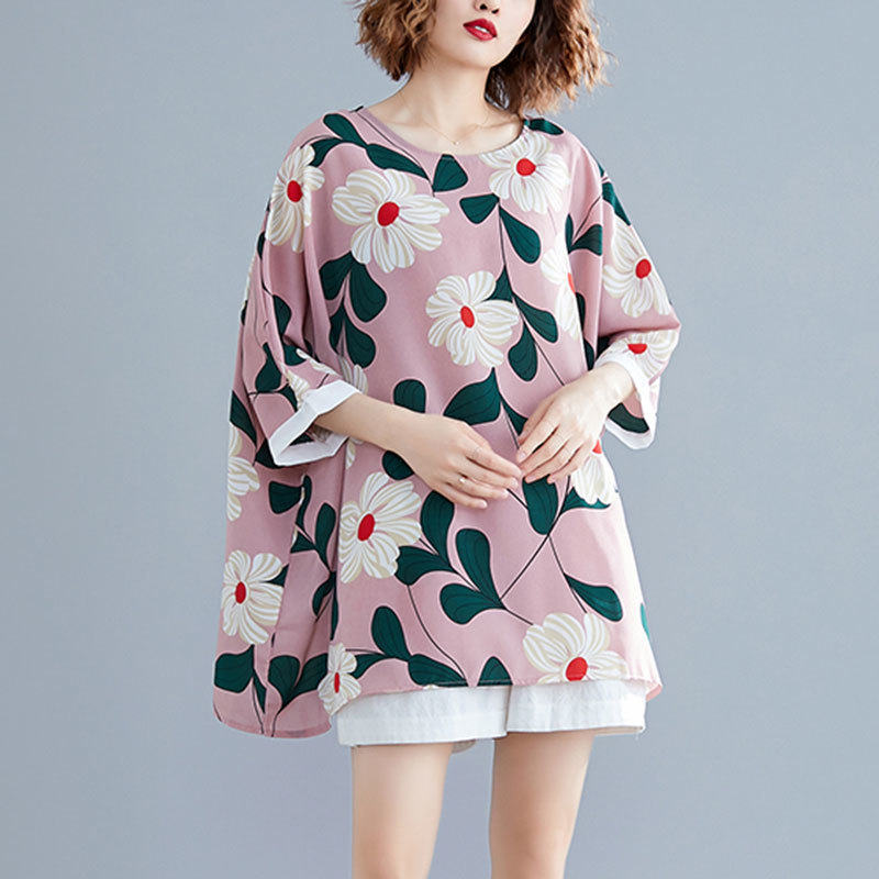 Plus Size Women T-shirt Summer Loose Batwing Sleeve Flower Print Large Tshirts Femme Vintage Casual Tops Tees Big H888 210512