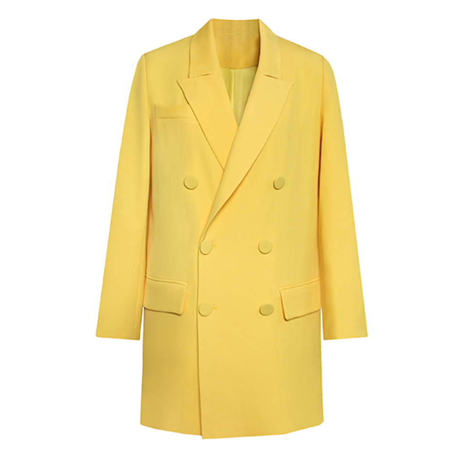 Free High Street Women's Yellow Profile Midi Blaze Elegant Lapel Long Sleeve Double Breasted Blazer Dresses 210524