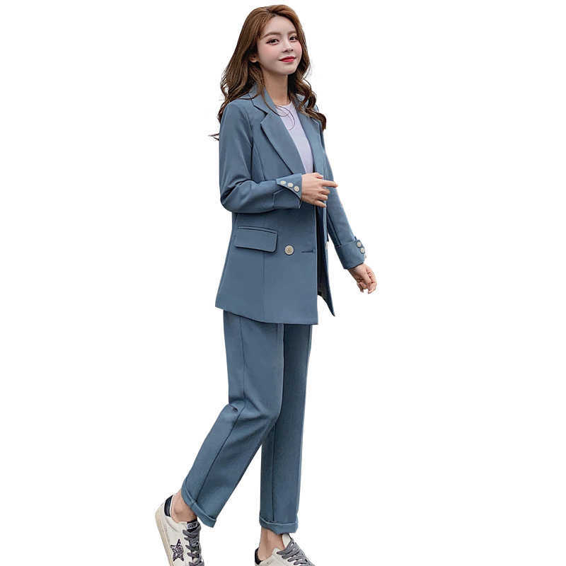 Women Suits Office Sets Long Sleeve Double-breasted Business Ladies Elegant Two-piece Blazer And Pants Set For 210603