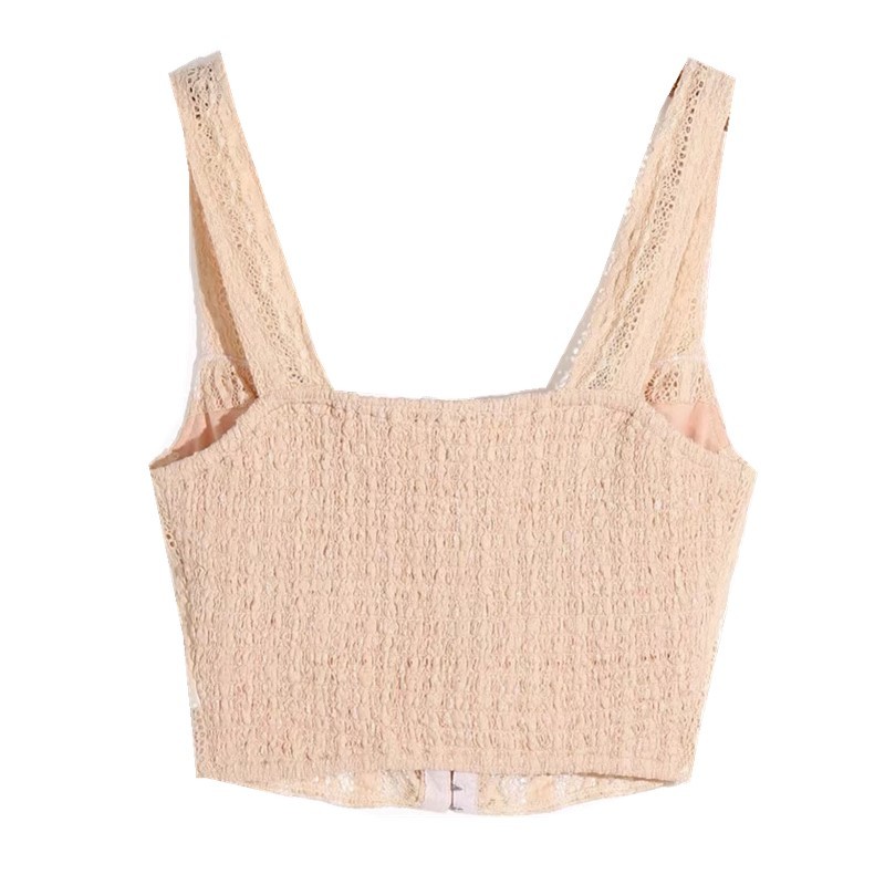 Sexy Covered Buttons Hollow Out Lace Short Tank Top Women Sleeveless Back Elastic Ruched Camisole Cropped Summer Cami 210429