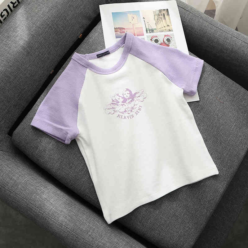 Slim girls soft cotton tshirts summer fashion ladies sweet short tops casual female cute bomb tees female chic 210322