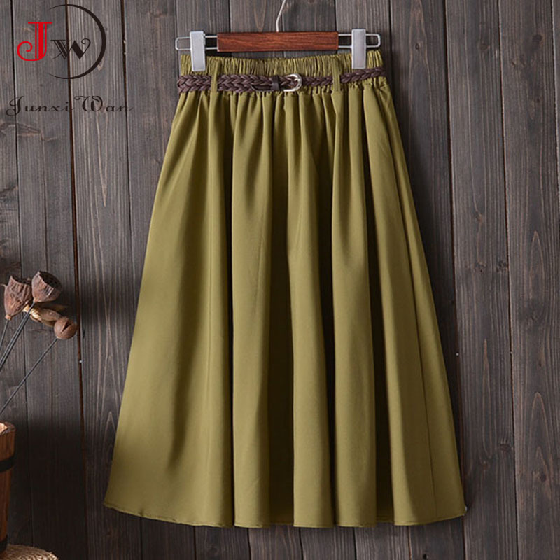 Women Preppy Style Summer Skirt Casual A-line Solid With Belt Mid-length Fashion Elegant Chic Girls Midi Skirts Saias 210510