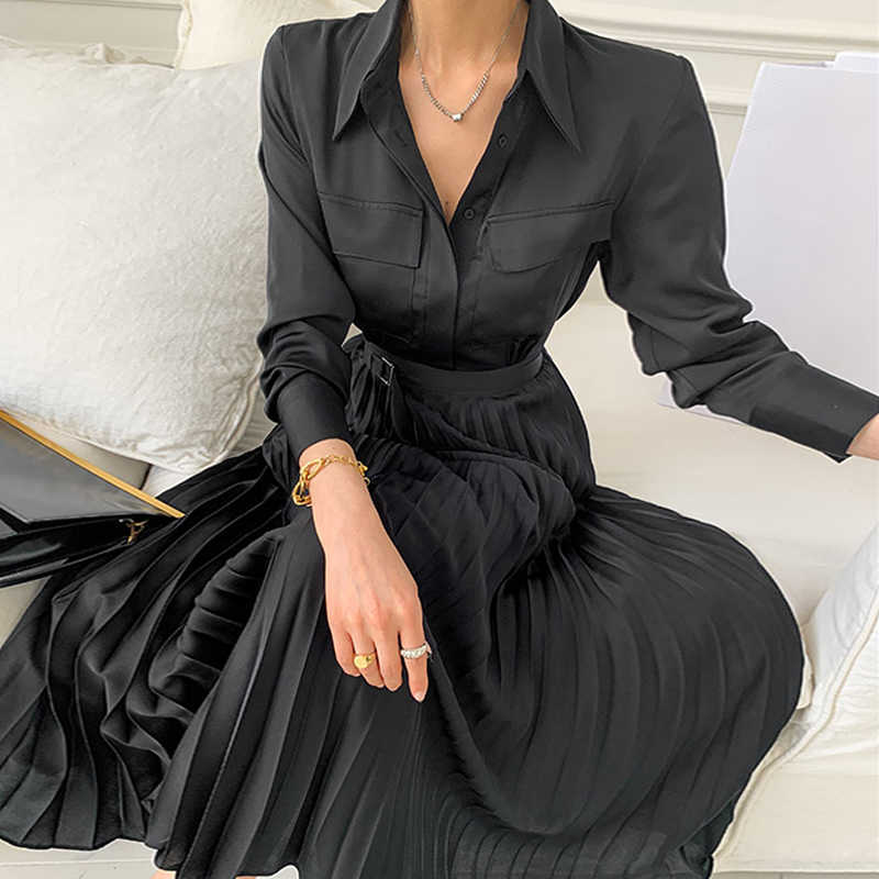 Korejpaa Women Dress Chic French Retro Lapel Single-breasted Printed Elegant Office Women's Pleated Dress Long Skirt Female 210526