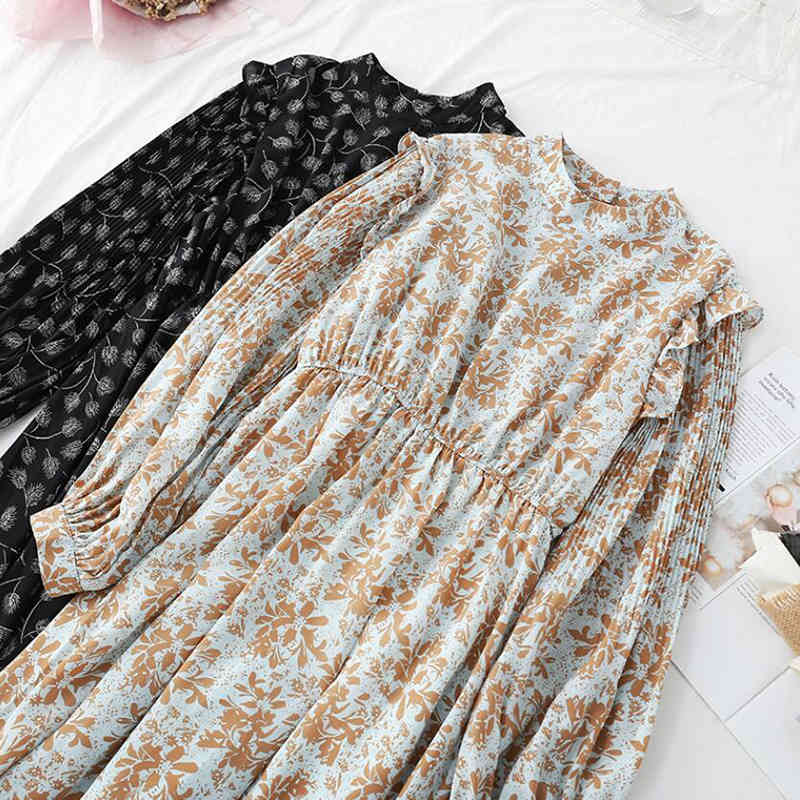 Elegant O-neck Women Midi Dress Casual Elastic Waist Long Sleeve Print A-line Chiffon Dresses Vintage Party Vestidos 210521