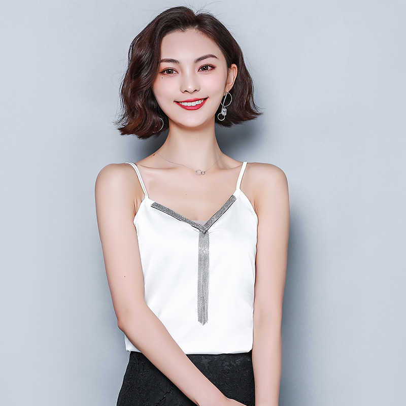 Korean Silk Women Tops Summer Woman Satin V-neck Camis Solid Tees Sleeveless Tassel Sexy Halter 210531