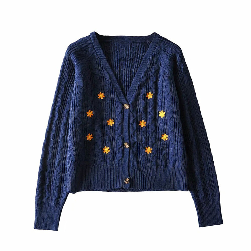 Streetwear Orange Daisy Embroidery Knitted Cardigan Vintage Navy blue Twist Sweater Punk pull Korea Clothes Women Knit kardigan 210429
