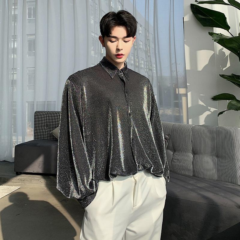 M-XL!Spring Designer Custom Silver Fabric Drape Loose Elegant Shirt Tide Brand Men's Chic Long-sleeved Shirt. Casual Shirts