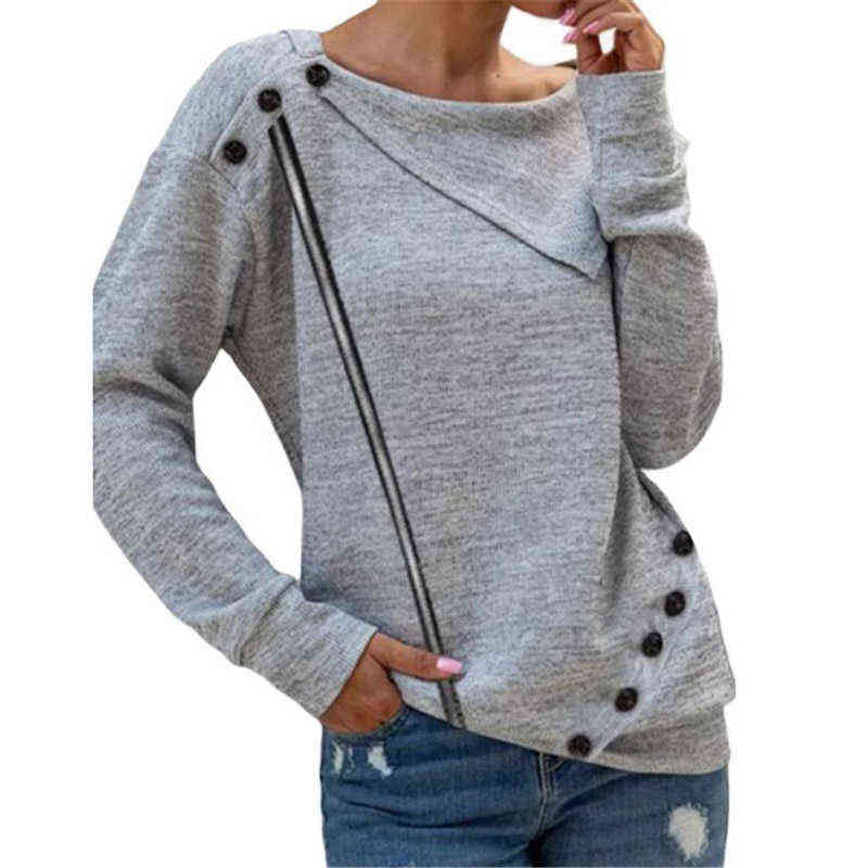 Autumn Winter Women Fashion Zipper Button Clothing Lady Round Neck Solid Color Long Sleeve Blouse ity Loose Casual Top 211108